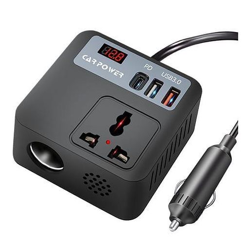 Car Power Inverter 100W - 12V to 220V AC Converter with PD USB-C, USB 3.0, Digital Display, Universal Socket