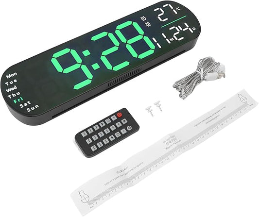 LED Digital Wall Clock Desk Alarm Clock for Bedroom, Large Wall Clock with Remote Control, Automatic Brightness Dimmer LED Clock with Date Temperature