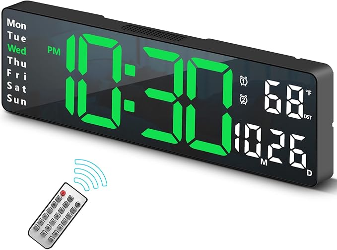 LED Digital Wall Clock Desk Alarm Clock for Bedroom, Large Wall Clock with Remote Control, Automatic Brightness Dimmer LED Clock with Date Temperature Wee