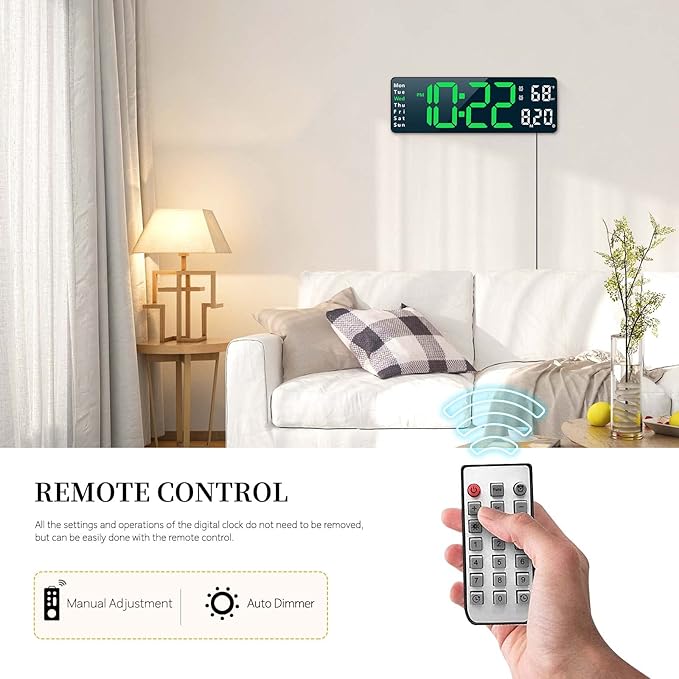 LED Digital Wall Clock Desk Alarm Clock for Bedroom, Large Wall Clock with Remote Control, Automatic Brightness Dimmer LED Clock with Date Temperature Wee