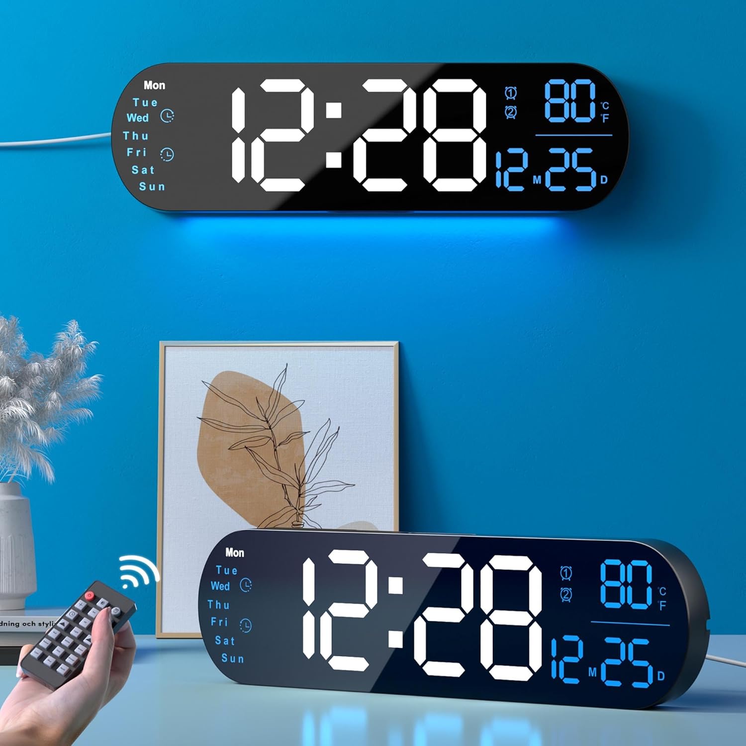 LED Digital Wall Clock Desk Alarm Clock for Bedroom, Large Wall Clock with Remote Control, Automatic Brightness Dimmer LED Clock with Date Temperature