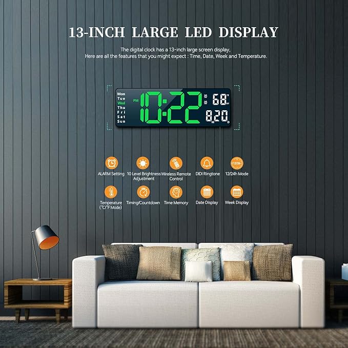 LED Digital Wall Clock Desk Alarm Clock for Bedroom, Large Wall Clock with Remote Control, Automatic Brightness Dimmer LED Clock with Date Temperature Wee