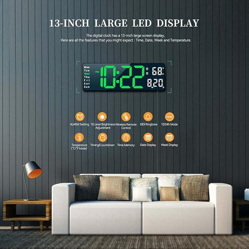 LED Digital Wall Clock Desk Alarm Clock for Bedroom, Large Wall Clock with Remote Control, Automatic Brightness Dimmer LED Clock with Date Temperature Wee
